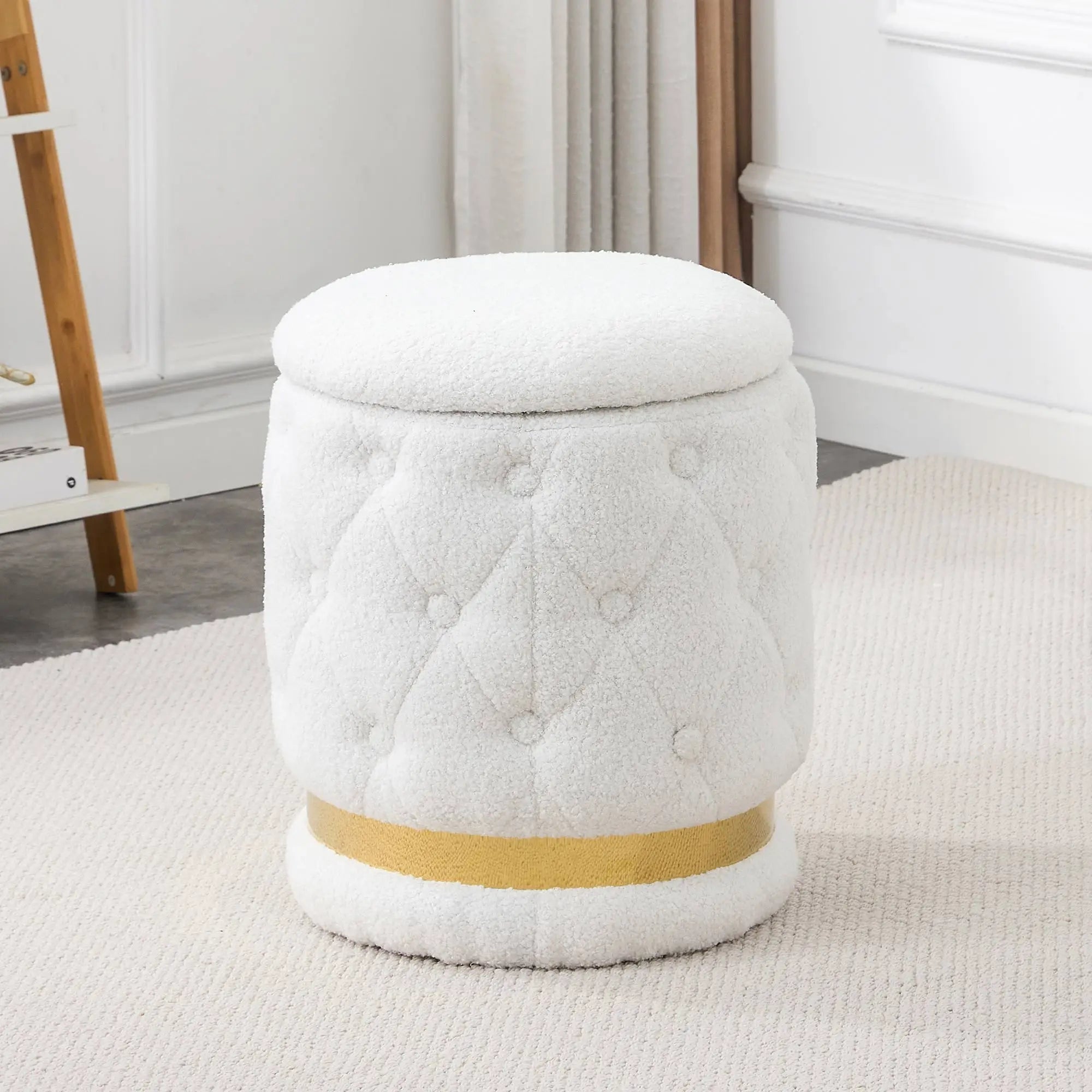 White/Pink Round-Shape Chair Teddy Velvet Makeup Stool Footstool with Storage Space Applicable to Living Room Bedroom Dresser