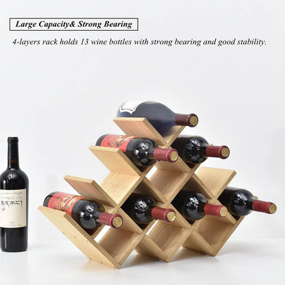 13-Bottle Wooden Wine Rack - 4-Tier Free Standing Display