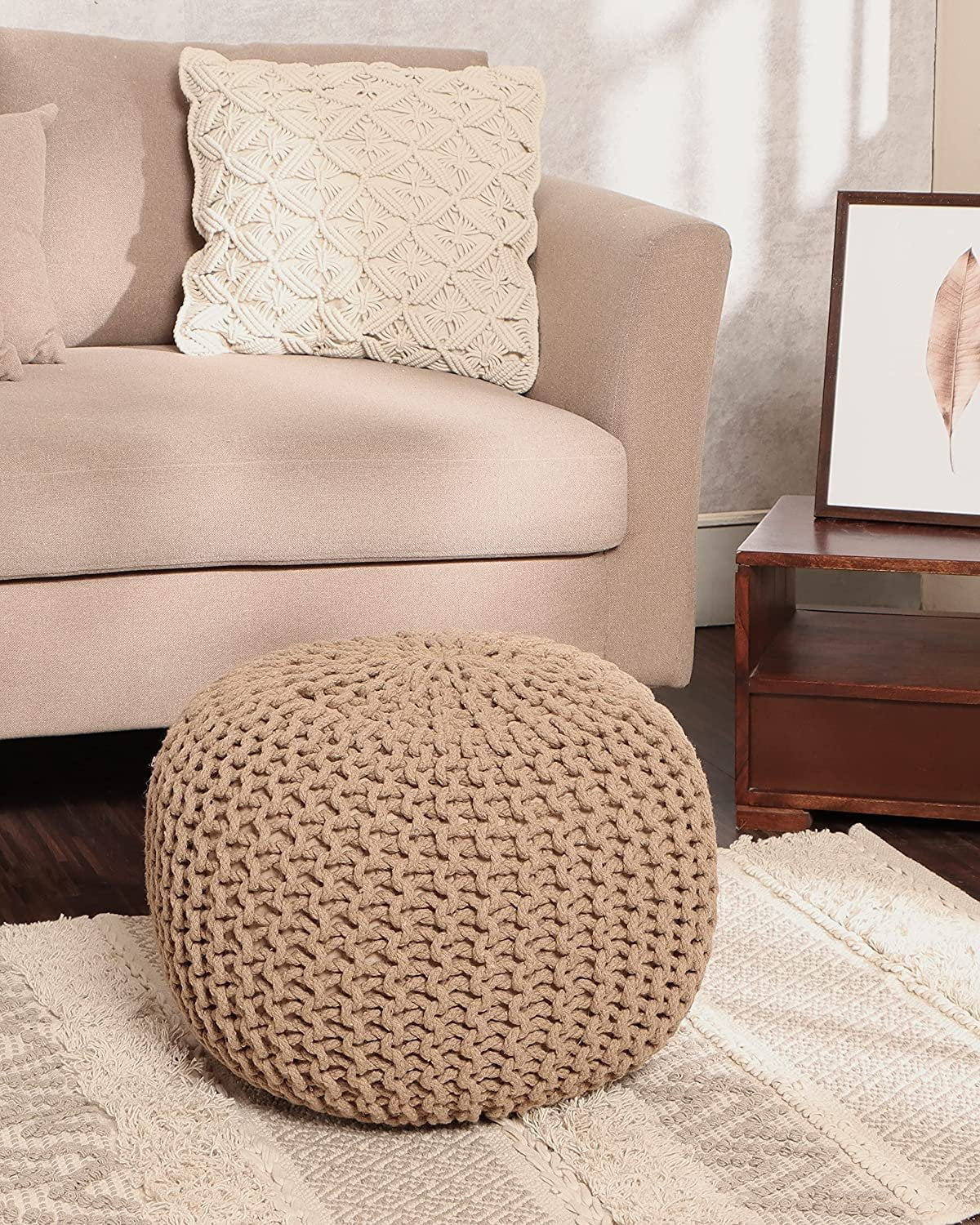 round Pouf Ottoman - Hand Knitted Cable Boho Poof Home Decor Pouffe Circular Footrest for Living Room - Bedroom - Lounge - 100% Cotton (19.5&quot;X19.5&quot;X14&quot;; Beige)