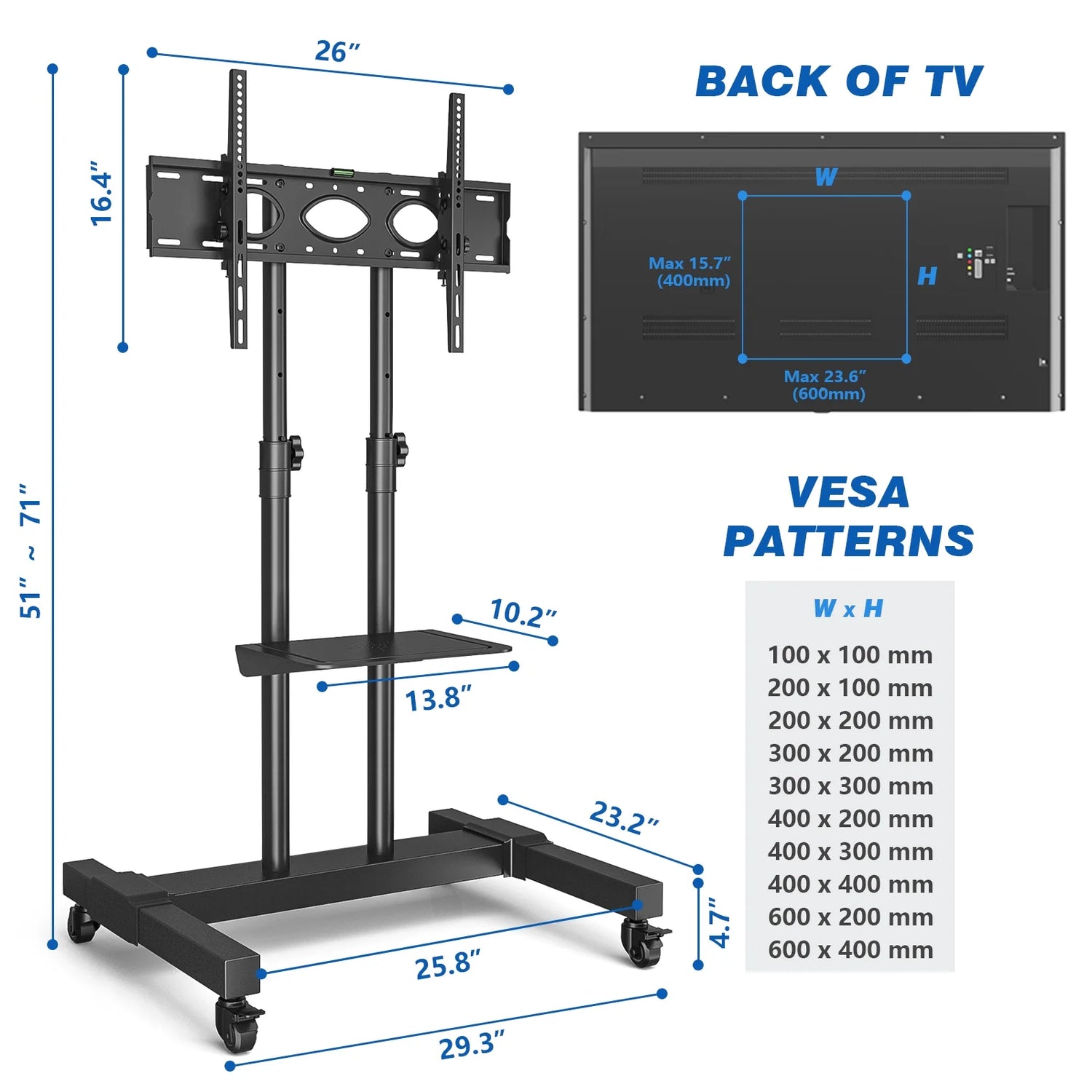 Modern Black Mobile TV Stand Rolling Cart with Wheels for 27 to 60 Inch Tvs, Black Metal Shelf