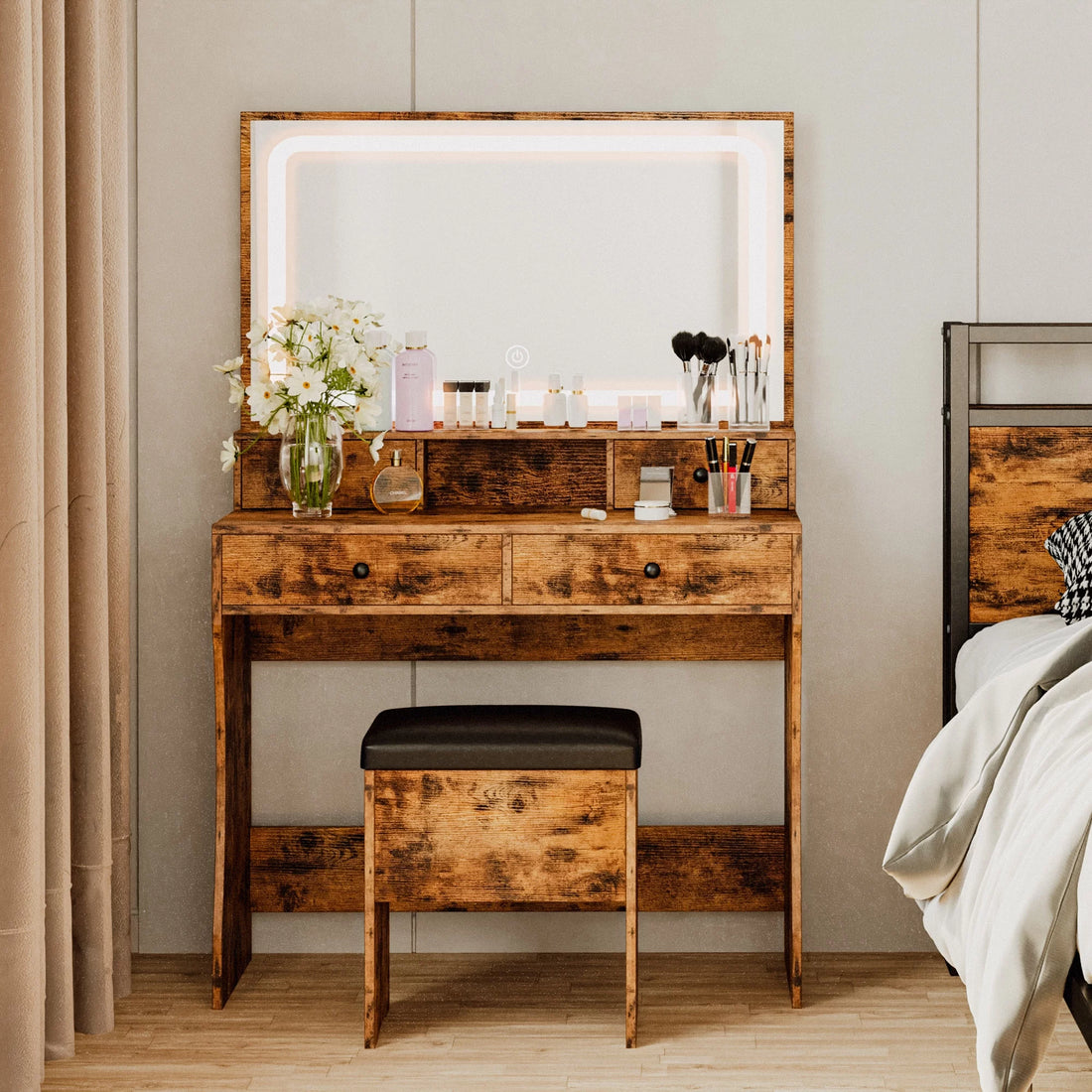 Vintage Brown Vanity Desk Set with LED Mirror, Power Outlet, and 4 Drawers