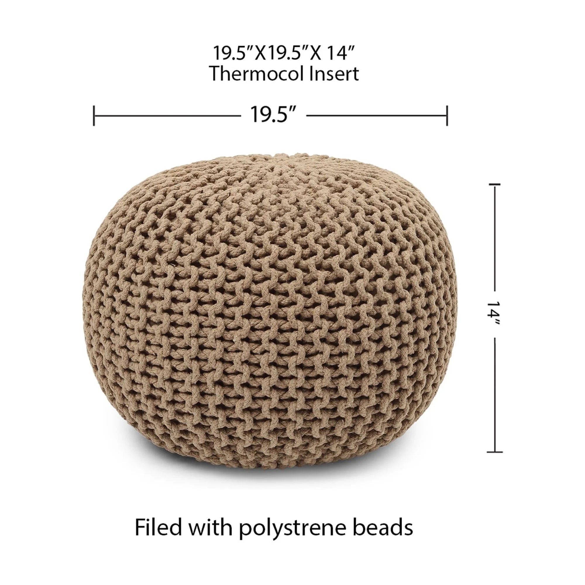 round Pouf Ottoman - Hand Knitted Cable Boho Poof Home Decor Pouffe Circular Footrest for Living Room - Bedroom - Lounge - 100% Cotton (19.5&quot;X19.5&quot;X14&quot;; Beige)