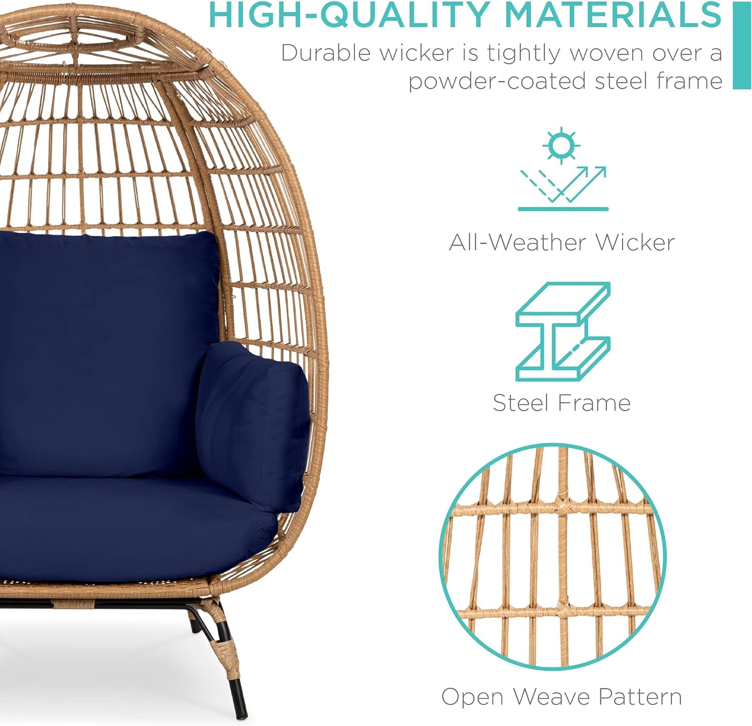 Wicker Egg Chair, Oversized Indoor Outdoor Lounger for Patio, Backyard, Living Room W/ 4 Cushions, Steel Frame, 440Lb Capacity - Navy