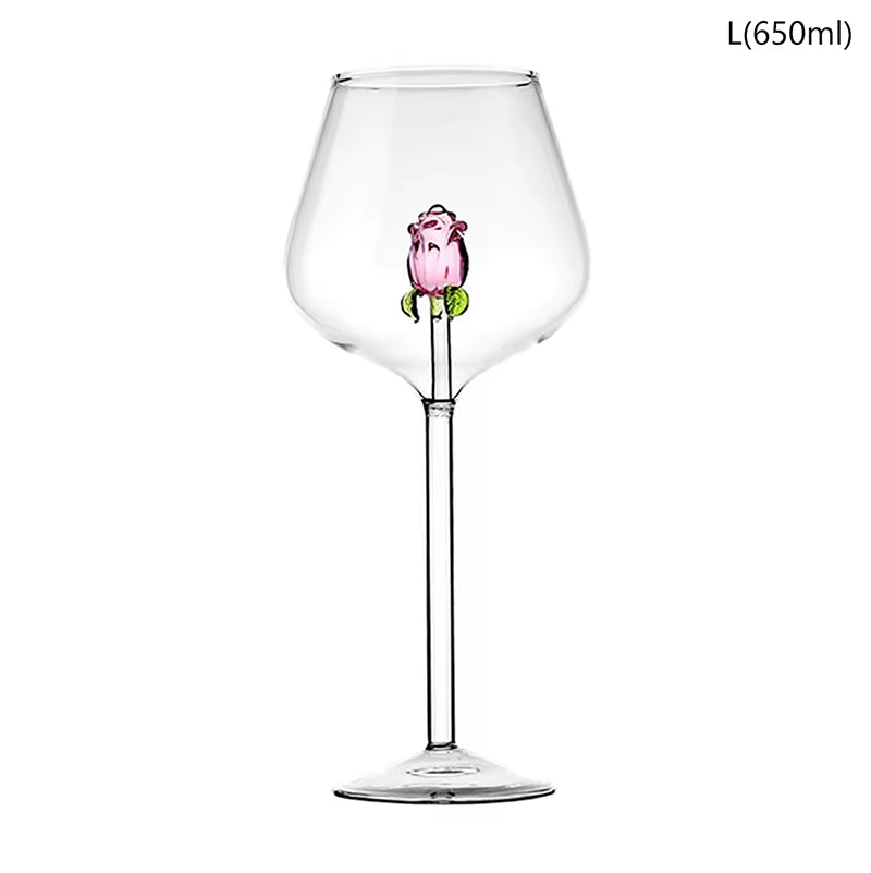 3D Pink Glass Rose Wine Goblet, Red and White Wine Glasses, Perfect Valentine Gift