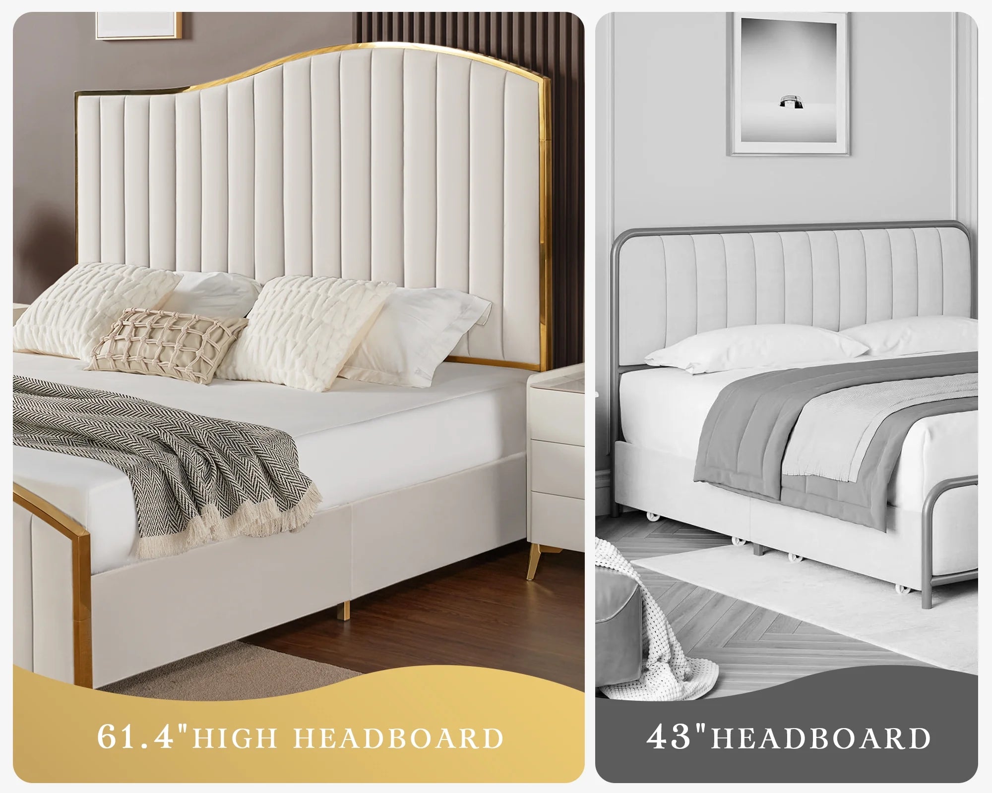 King Size Platform Bed Frame with Vertical Channel Gold Trim Headboard &amp; Footboard, Cream