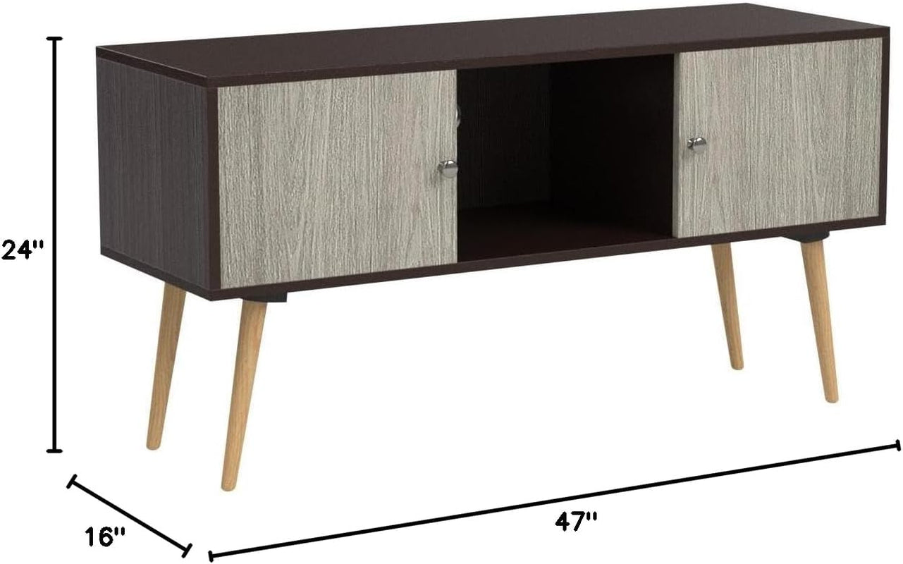 Retro Style TV Stand with Two Storage Doors, and Solid Wood Legs, Chocolate