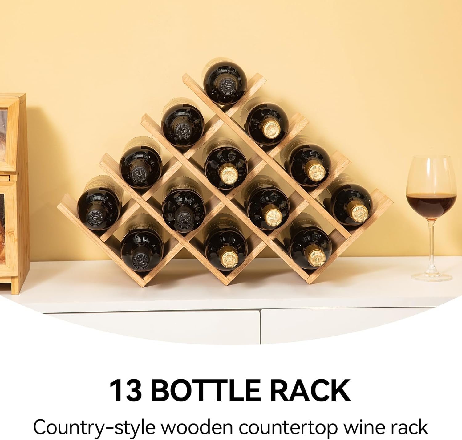 13-Bottle Wooden Wine Rack - 4-Tier Free Standing Display