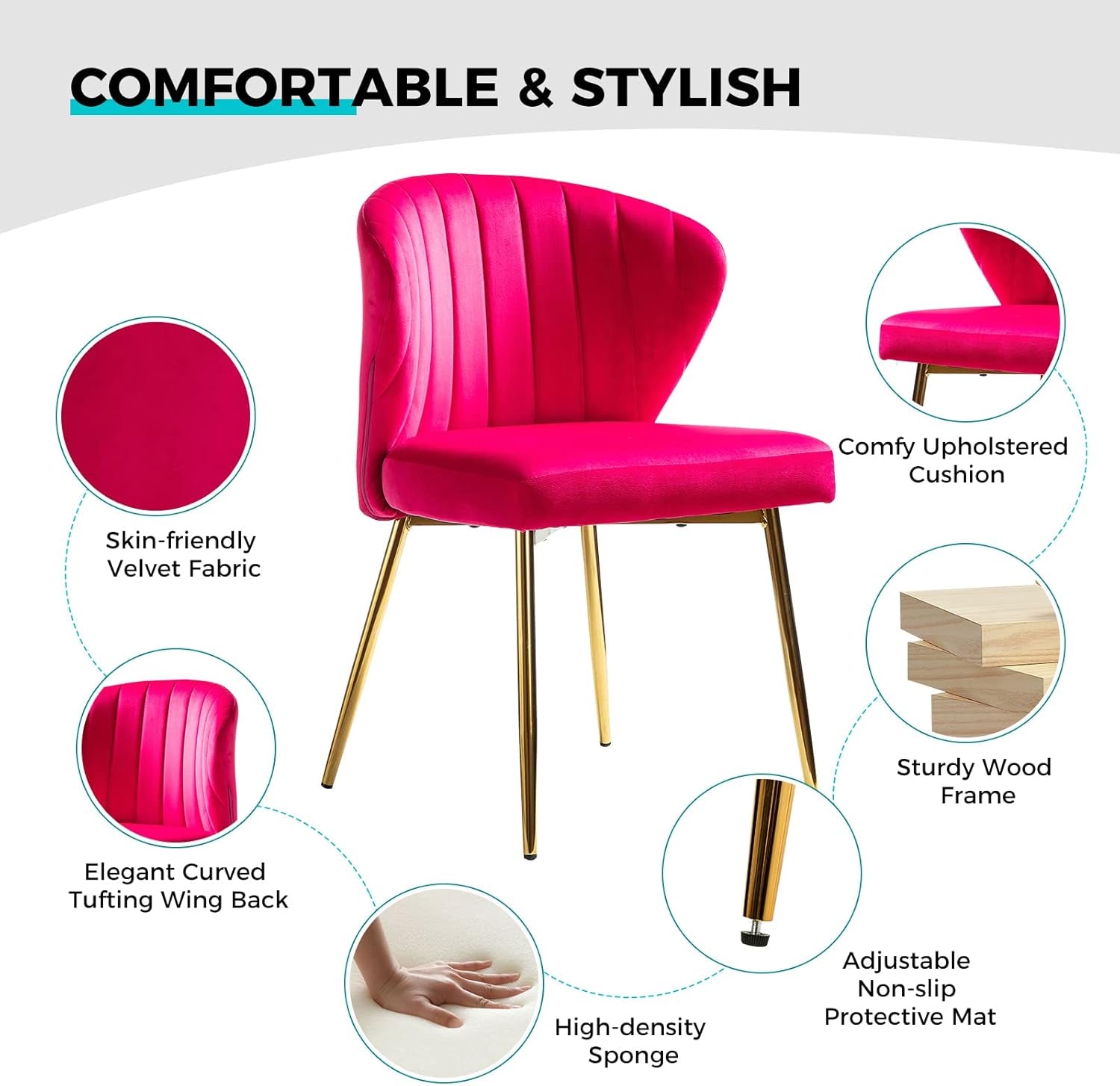 Modern Velvet Accent Chair with Golden Metal Legs, Tufted Back, Fuchsia