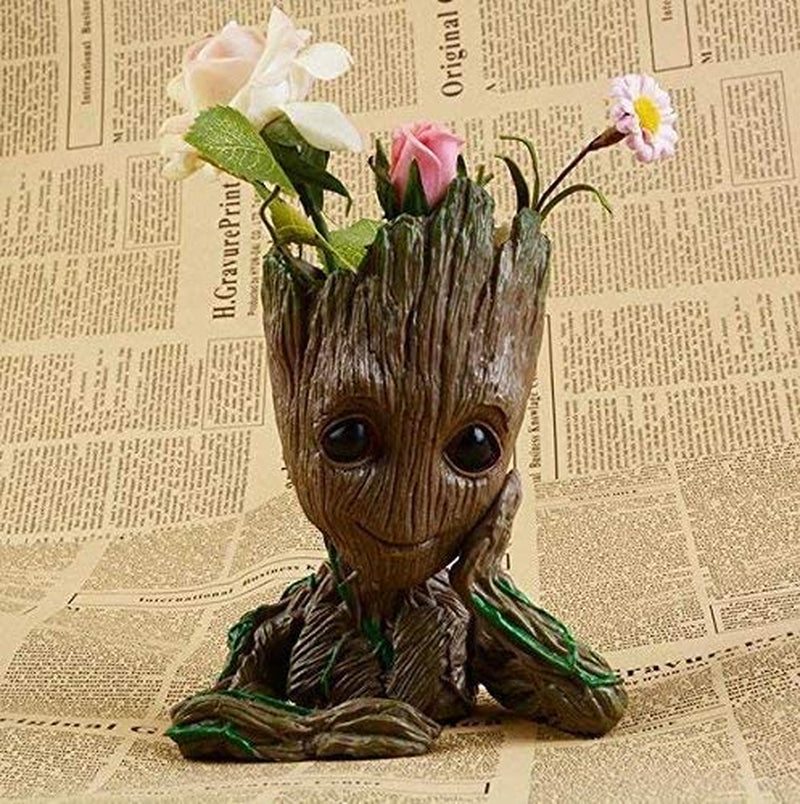 Baby Groot Pen Pot Tree Man Pens Holder or Flower Pot with Drainage Hole Perfect for a Tiny Succulents Plants 6&quot; (Grayish Brown)