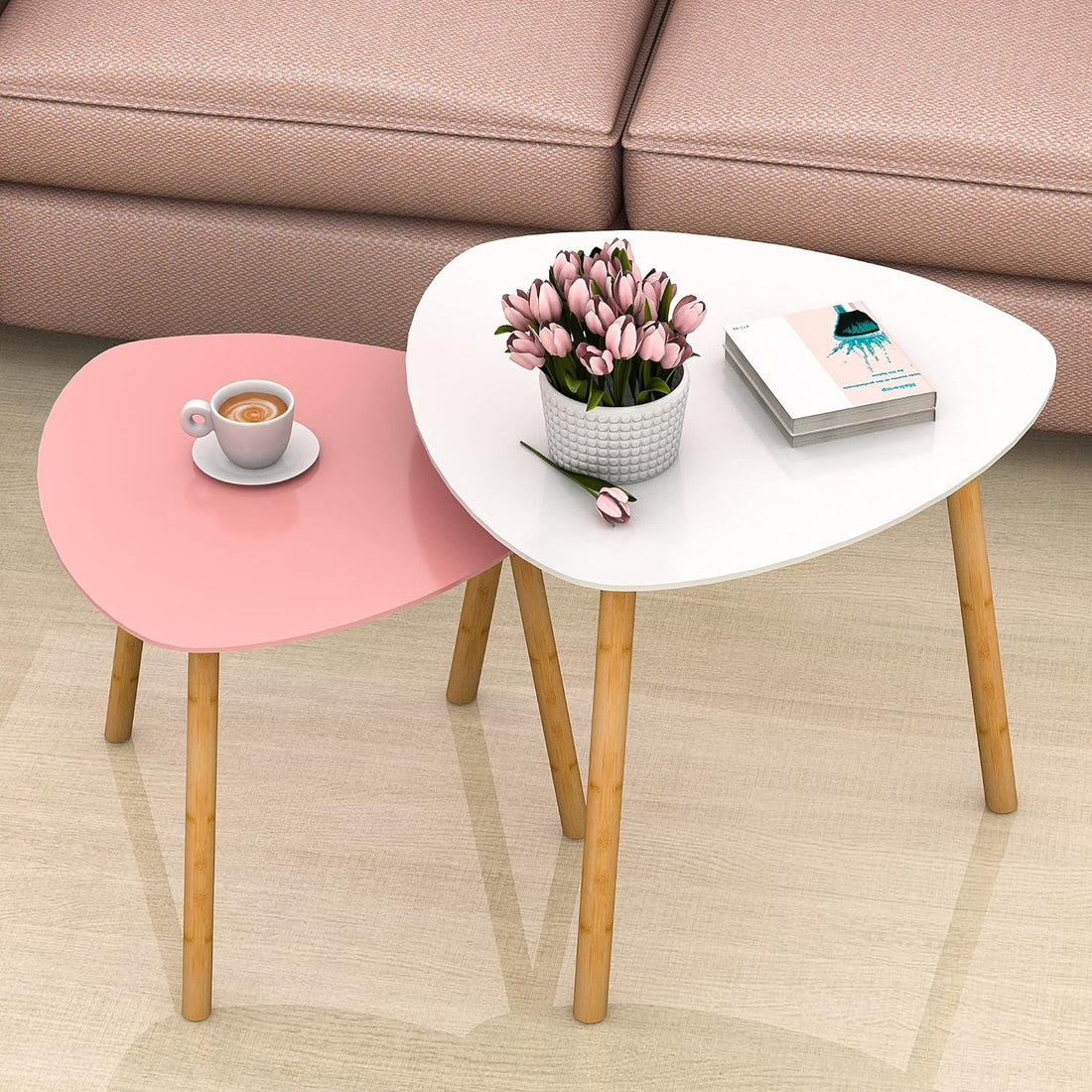 Bamboo Nesting Coffee Tables - Small Coffee Table for Living Room, Set of 2 Triangle End Table Modern Side Table for Bedroom Apartment Balcony Yard Small Spaces, (White &amp; Pink)