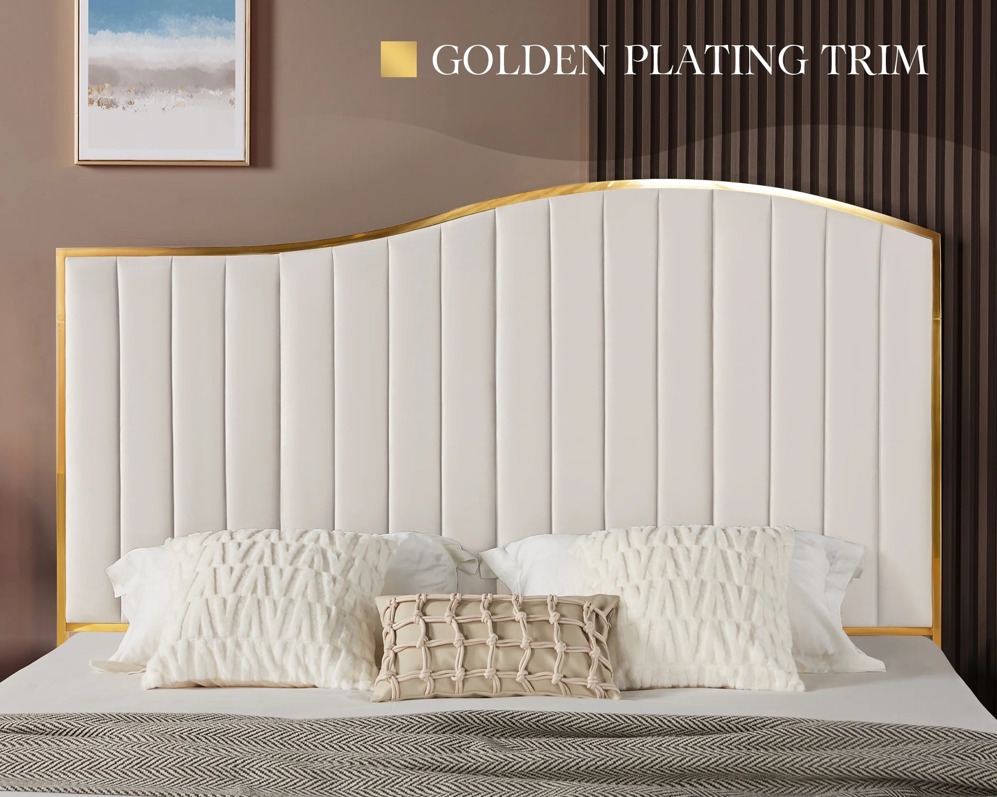 King Size Platform Bed Frame with Vertical Channel Gold Trim Headboard &amp; Footboard, Cream