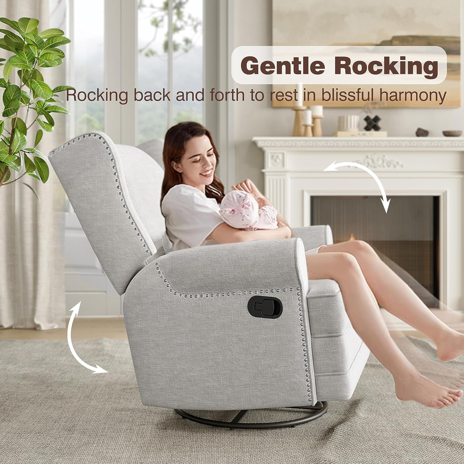 Swivel Nursery Glider Recliner, Comfy Upholstered Glider Chair with Lumbar Pillow and Footrest, Swivel Rocking Chair for Living Room, Grey