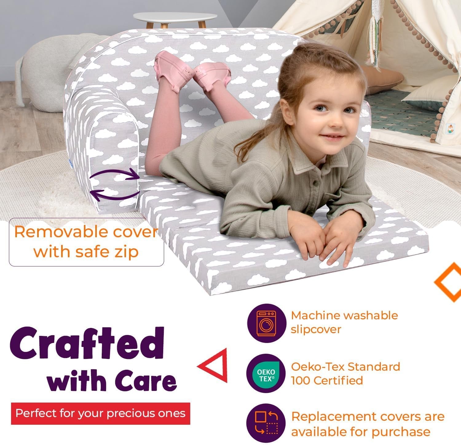 2-in-1 Foldable Toddler Sofa &amp; Bed - Comfy Nugget Couch with Washable Cover - Gray Clouds