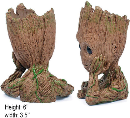 Baby Groot Pen Pot Tree Man Pens Holder or Flower Pot with Drainage Hole Perfect for a Tiny Succulents Plants 6&quot; (Grayish Brown)