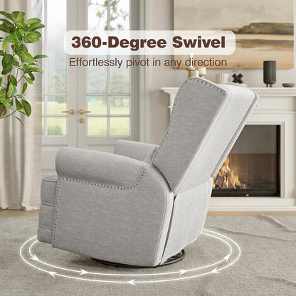 Swivel Nursery Glider Recliner, Comfy Upholstered Glider Chair with Lumbar Pillow and Footrest, Swivel Rocking Chair for Living Room, Grey