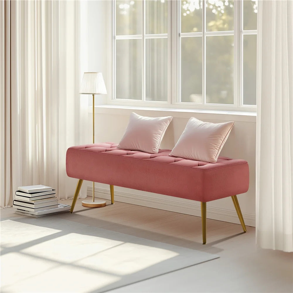 Modern Ottoman Velvet Footstool Bench for Bedroom, Pink